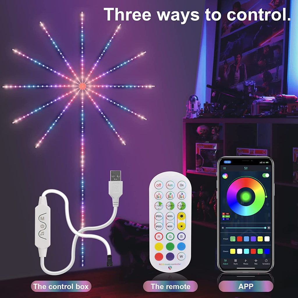 Firework LED light strip burst pattern on wall