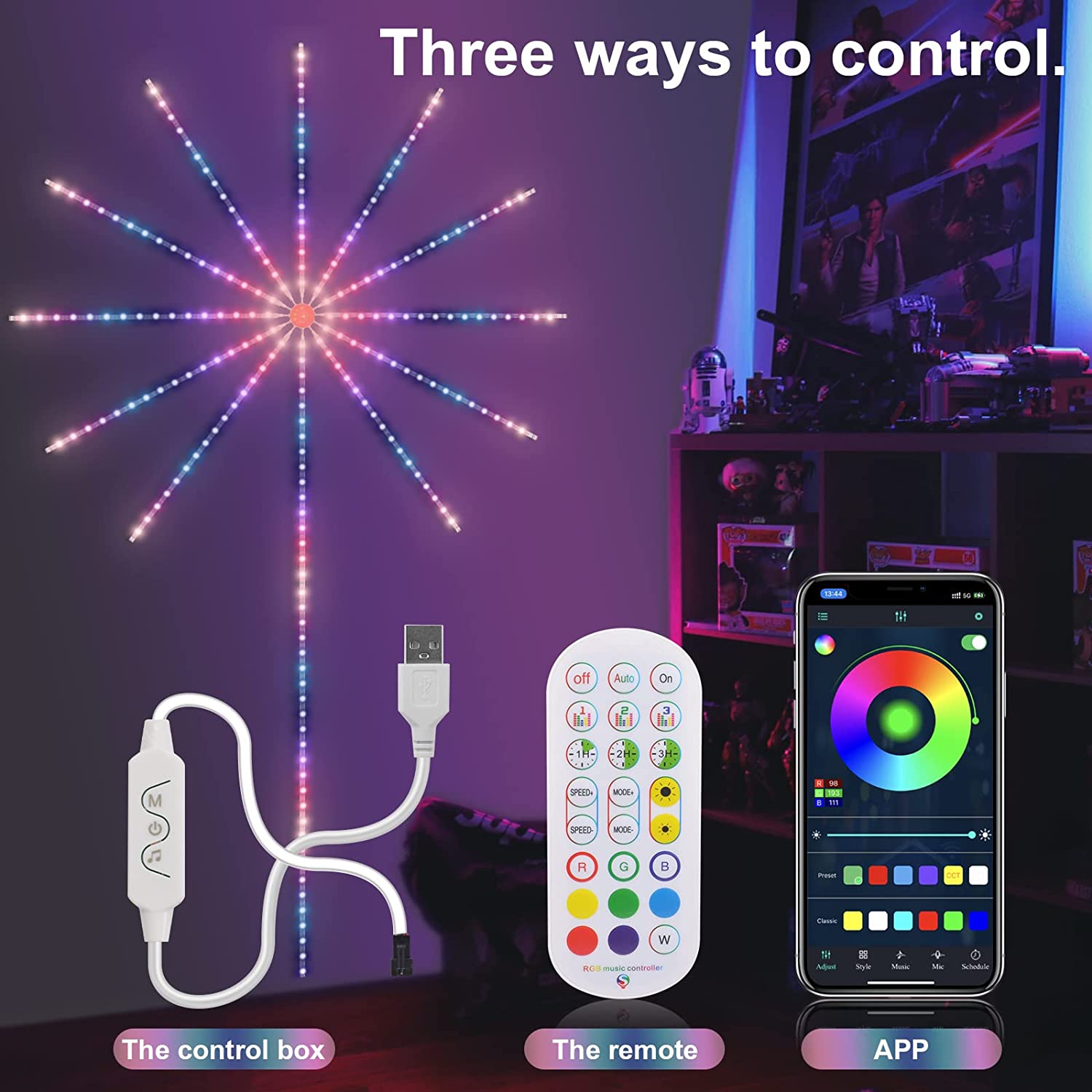 Firework LED light strip burst pattern on wall