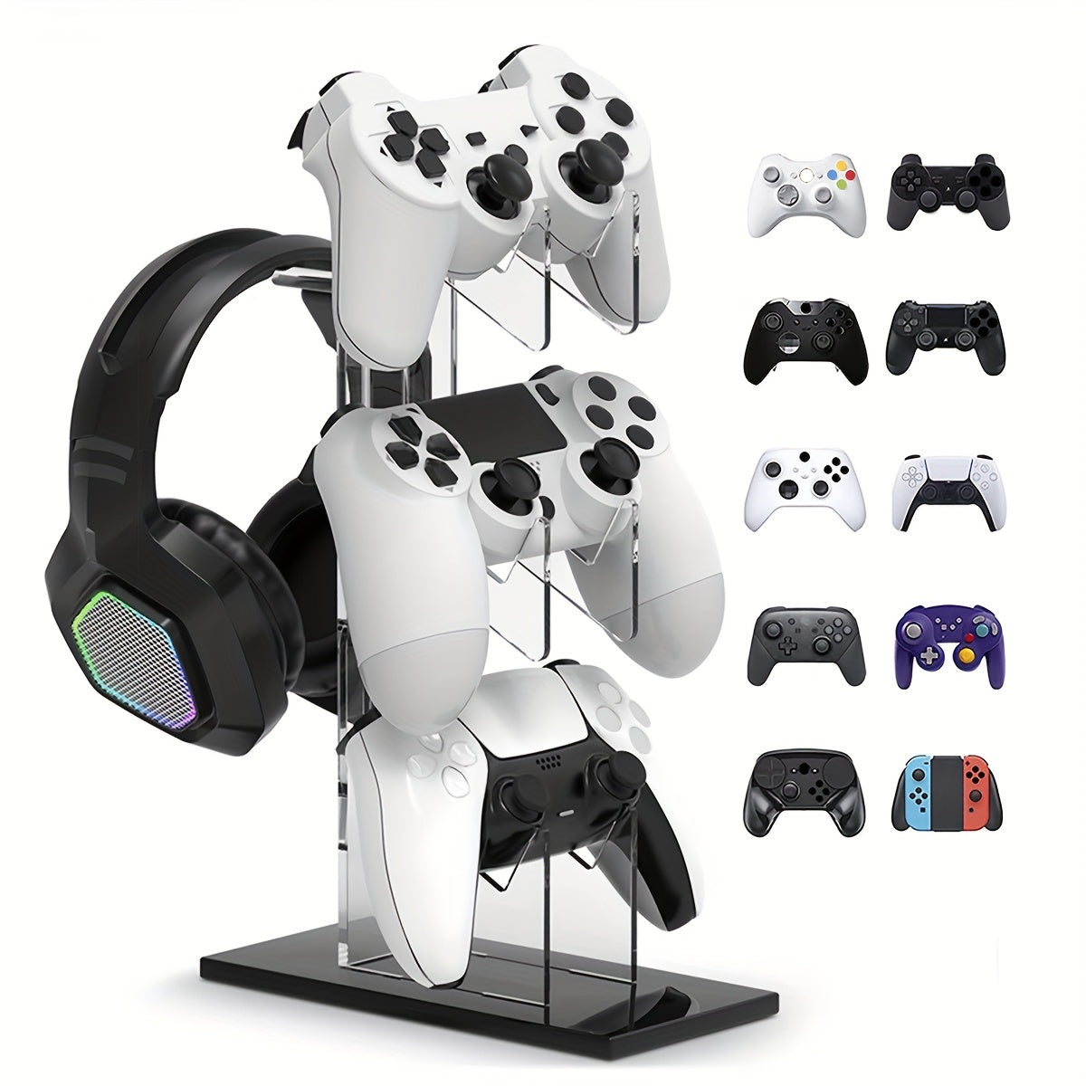 Clear Acrylic 3-Tier Gaming Controller & Headset Stand – Black Base - product view 1